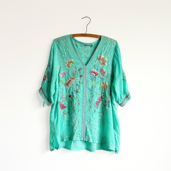 Johnny Was Tops - Johnny Was Cosette Blue Floral Embroidered Blouse Womens L